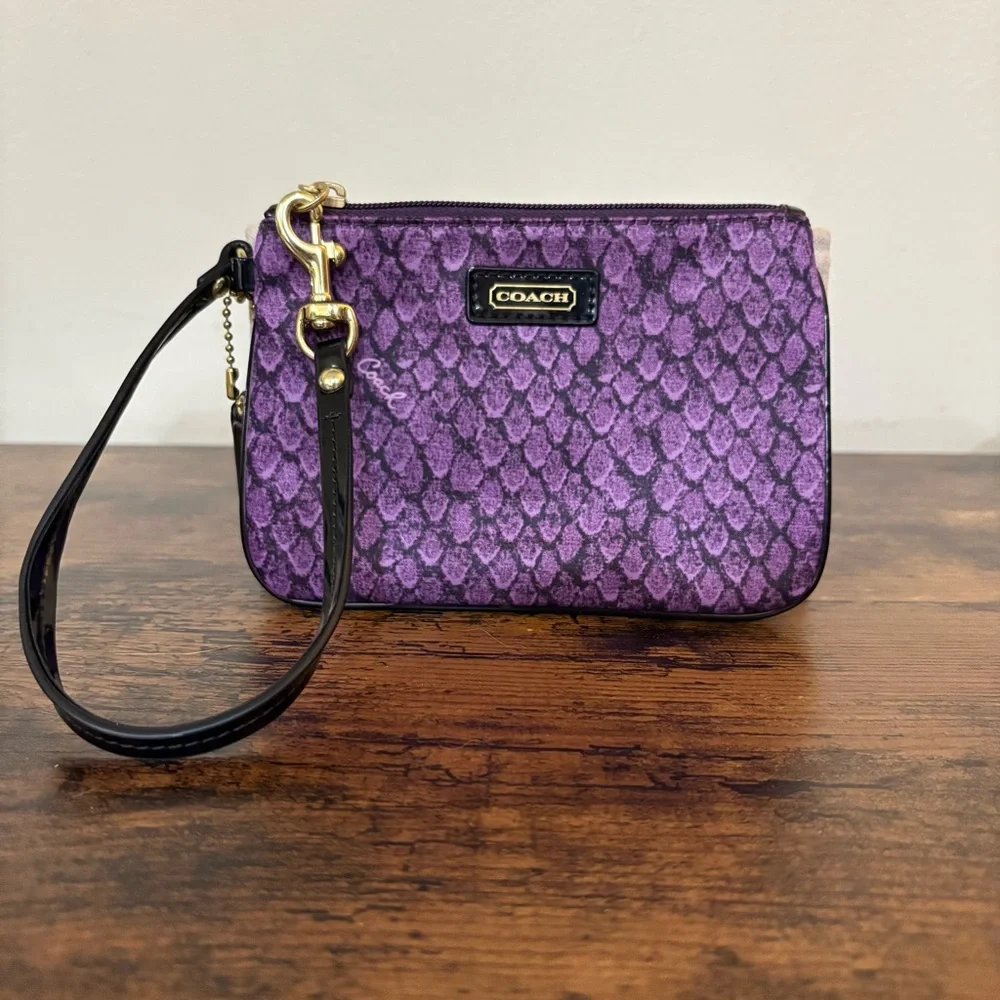 Coach Purple Patterned Wristlet Clutch with Black Strap